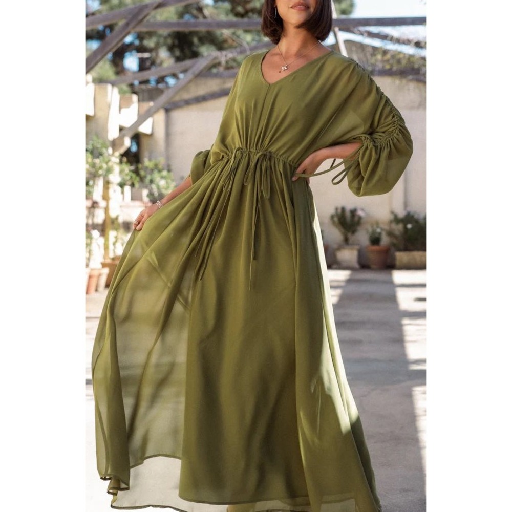 Petal and Pup Olive Green V-Neck Maxi Dress Ruched Sleeve‎ XS